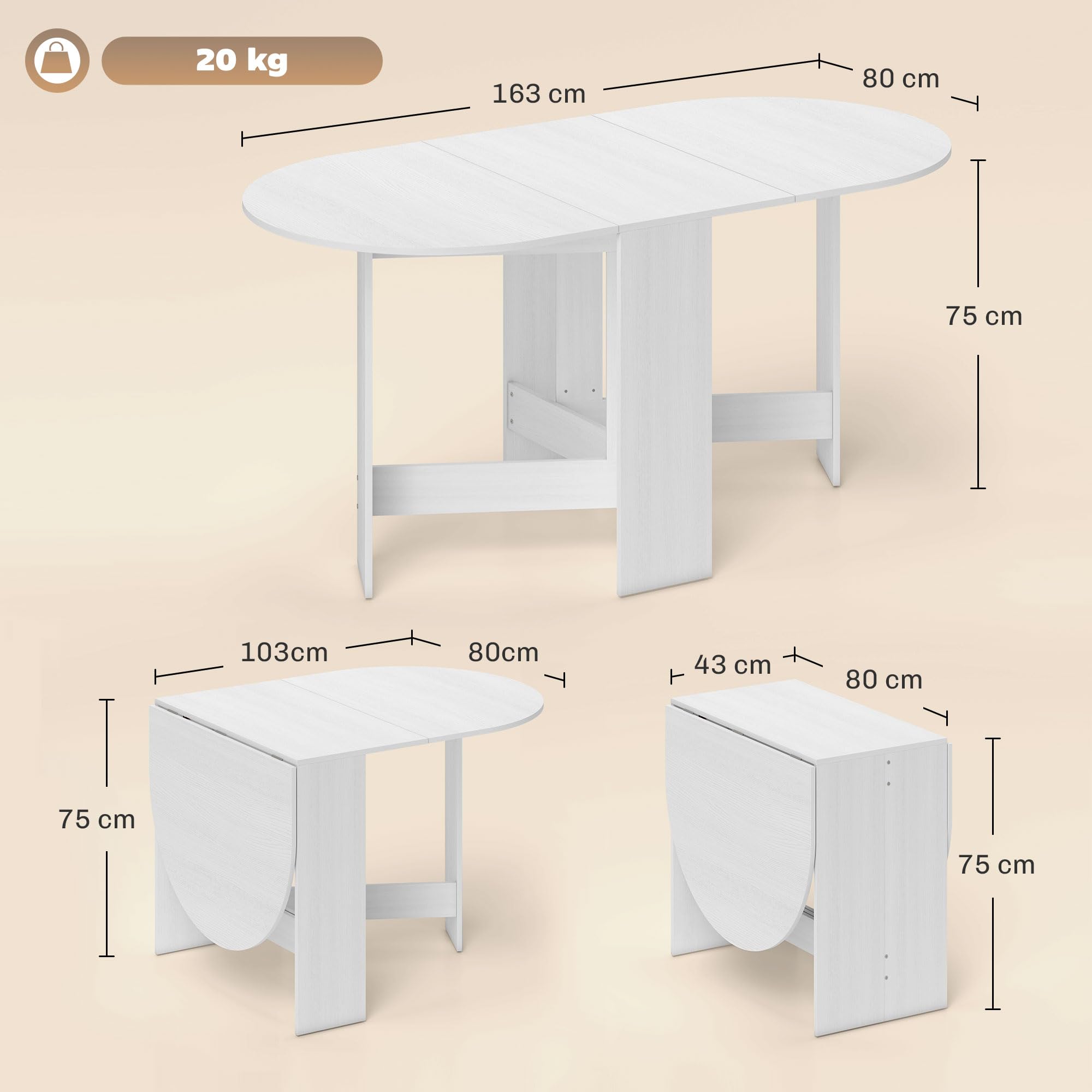 HOMCOM Table à Manger Pliante jusqu'à 6 Personnes Blanc | Table Pliante Cuisine Ovale, pour Petits Espaces, Salle à Manger
