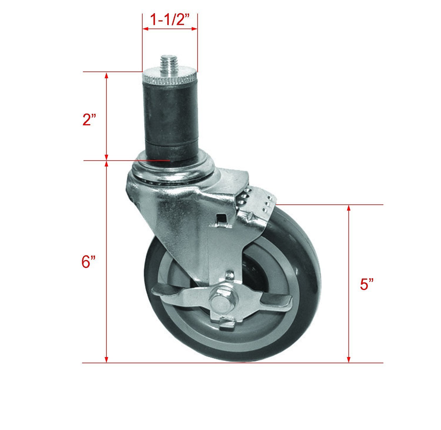 DuraSteel Set di 4 ruote con stelo espandibile da 1-1/2" con freno laterale per tavoli da lavoro per la preparazione della cucina commerciale, ruota in poliuretano da 12,7 cm, altezza di montaggio