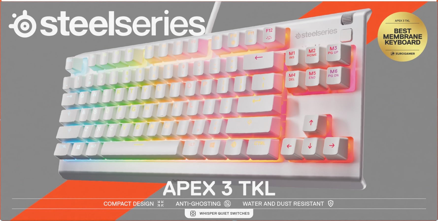 SteelSeries Apex 3 TKL - Tastiera Gaming Bianco - Fattore di forma compatto senza tastierino - Illuminazione RGB a 8 zone - Resiste ad acqua e polvere - Switch da gaming super silenziosi - UK QWERTY