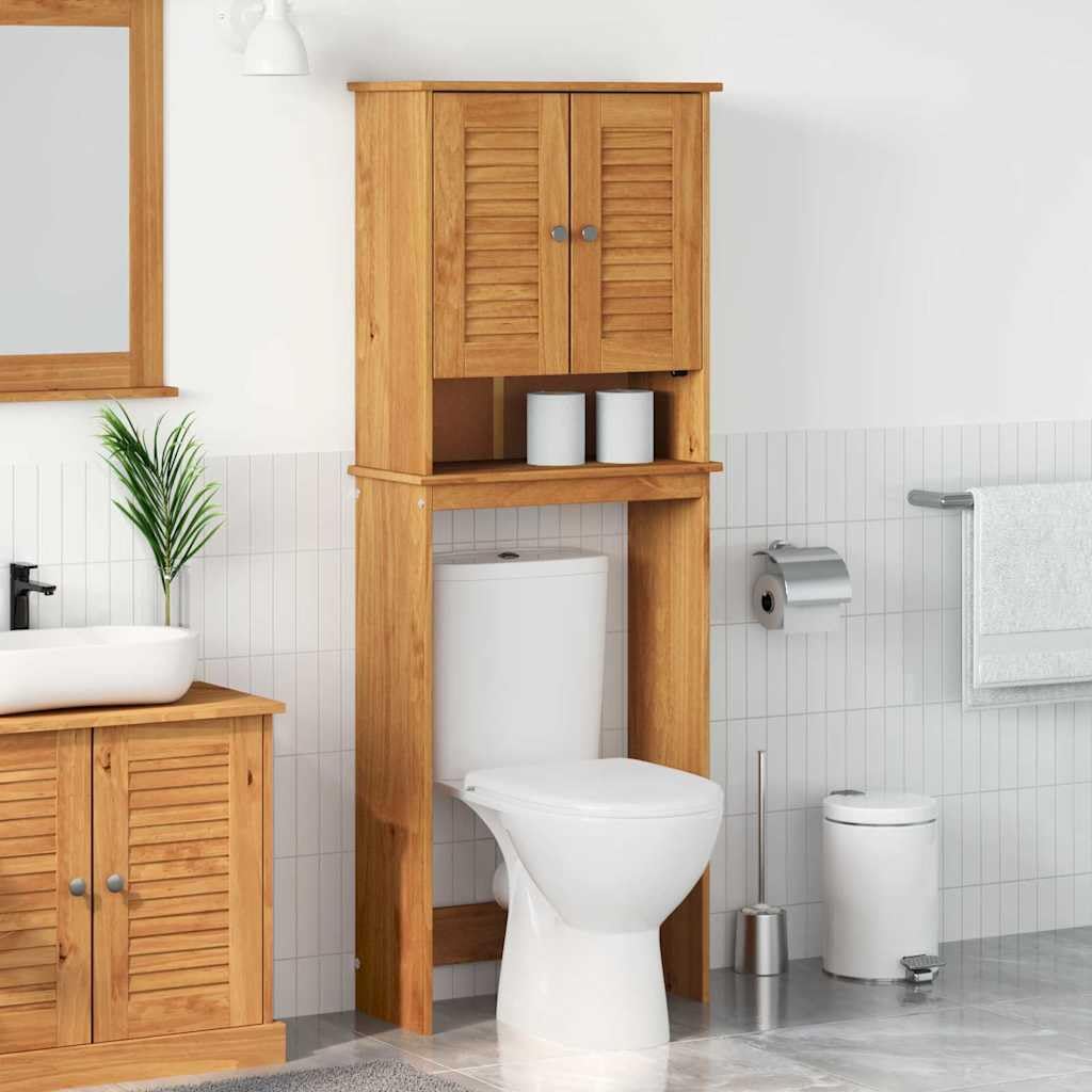 Armario de baño Vigo de madera maciza de pino marrón y miel 60 x 27 x 161 cm con 3 estantes y 2 puertas para baño e invitados de pared de almacenamiento y almacenamiento