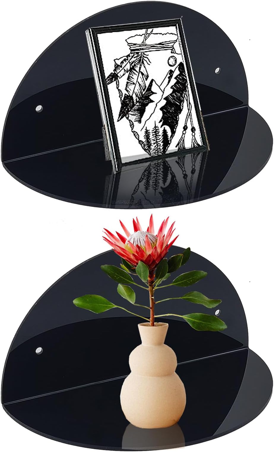 ROYALITA Small Acrylic Shelves Room Decor Floating Shelves (2-Pack, 8-inch Diameter) - Wall Mounted Display Stand for Plants, Toys, Makeup, and More - Ideal for Home and Office, Black
