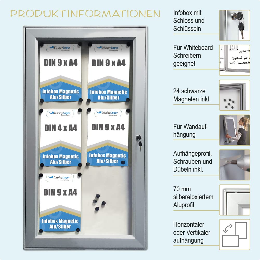 DisplayLager - Magnetischer Schaukasten 6xA4 m. Verschluss, für Whiteboard Marker geeignet, inkl. Magnete, Aufhängeprofil, Befestigungsmaterial, Schlüsselsatz
