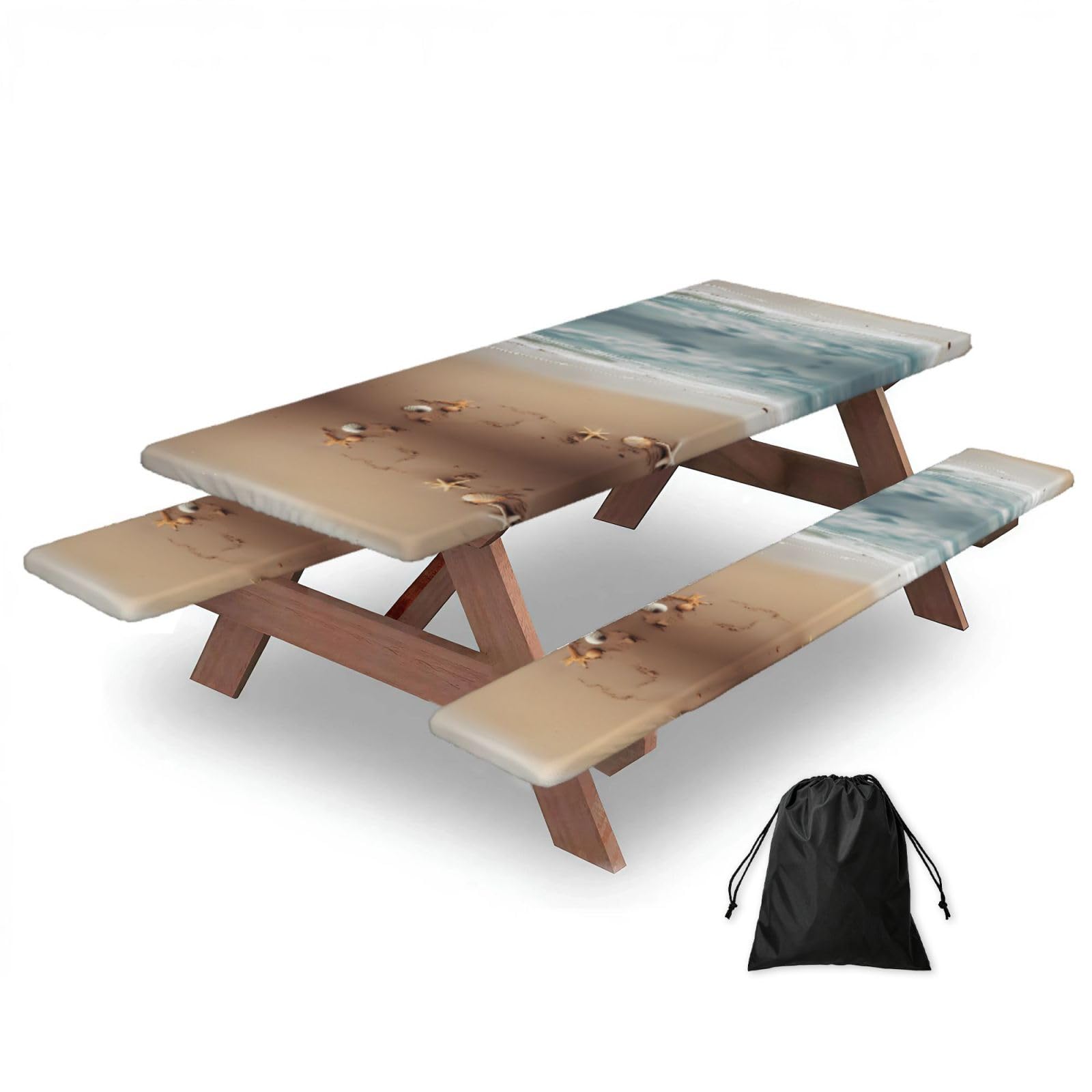 EZDLOWVBA Beach Print Picnic Table Cover With Bench Covers Waterproof Fitted Picnic Table Outdoor Elastic Picnic Tablecloth Outdoor Camping Essentials(3pcs)