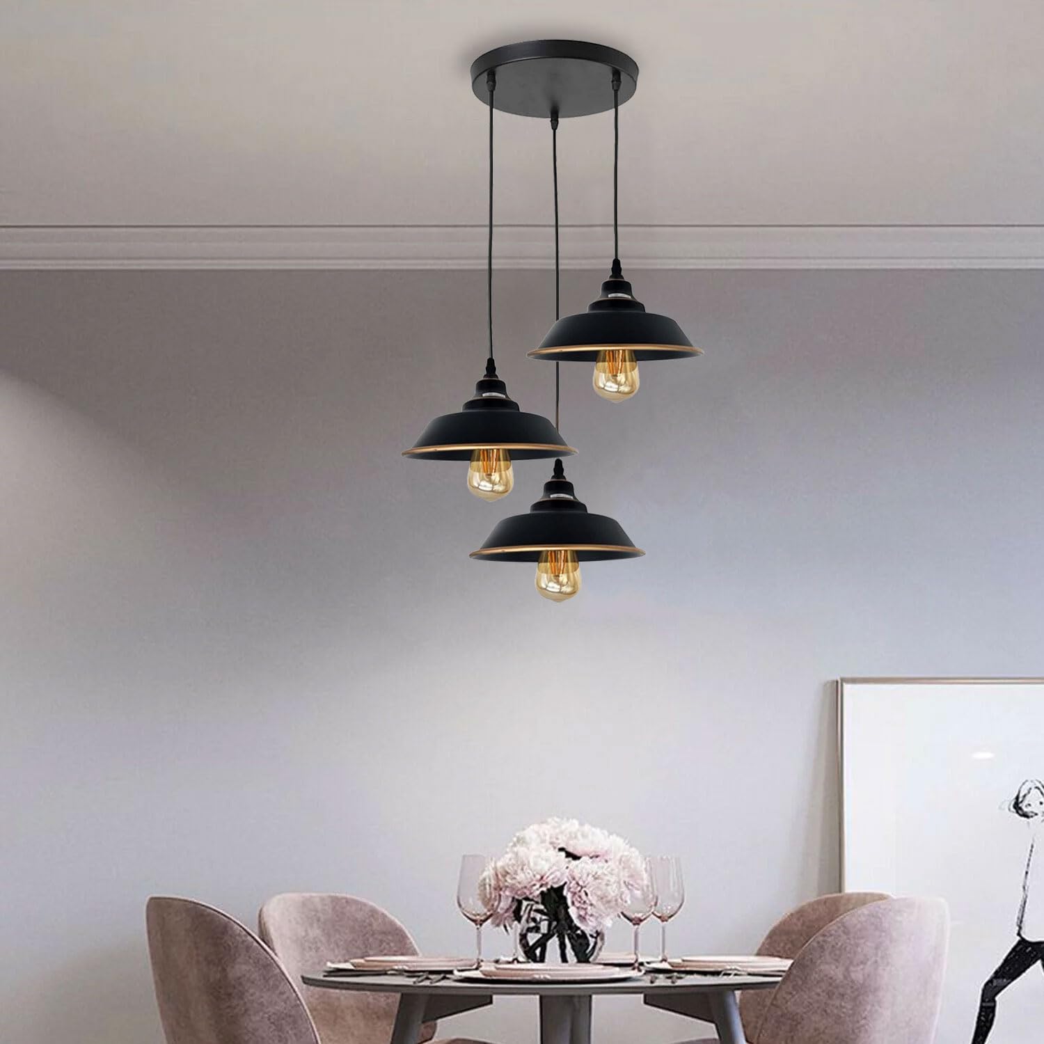 LEDSone 3 Head Pendant Light, E27 Black Gold Line Metal Hanging Lights - Image 3