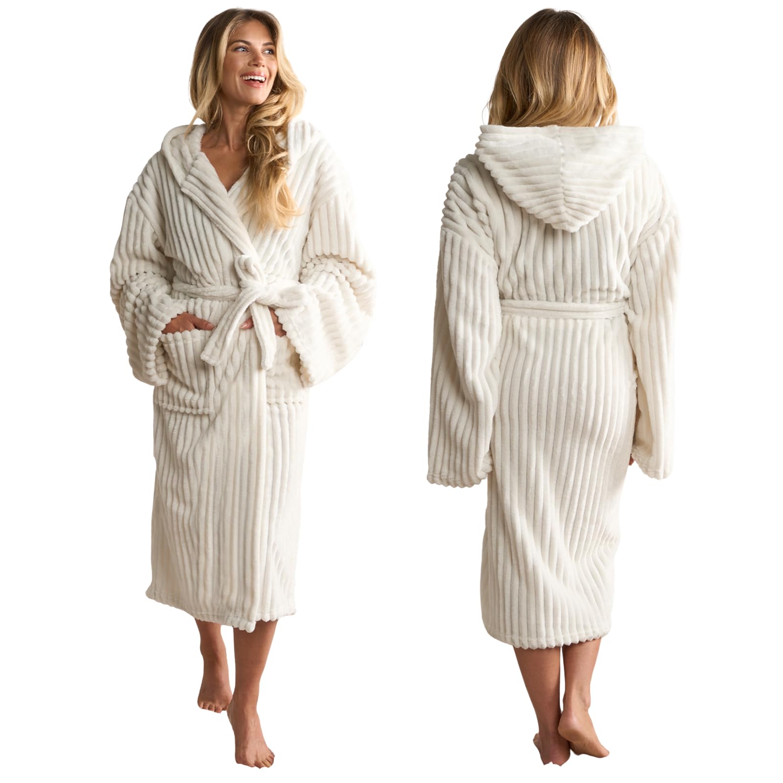 OHS Ribbed Fleece Dressing Gown Loungewear Bathrobe - Cream - One Size
