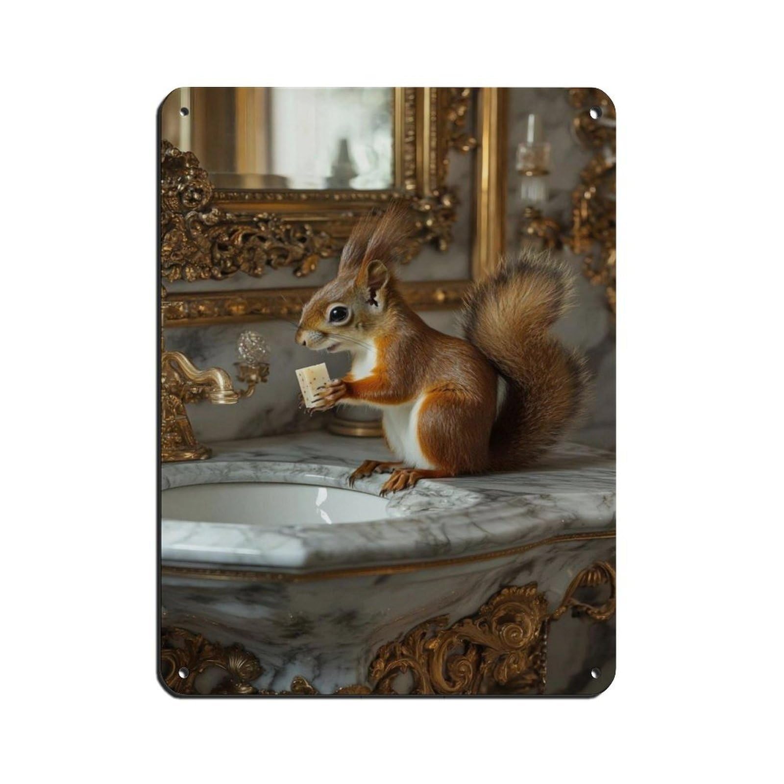 Adorable Squirrel Bathroom Art Retro Poster Metal Tin Sign Chic Art Retro Iron Painting Bar People Cave Cafe Family Garage Poster Wall Decoration 12x16inch(30x40cm)