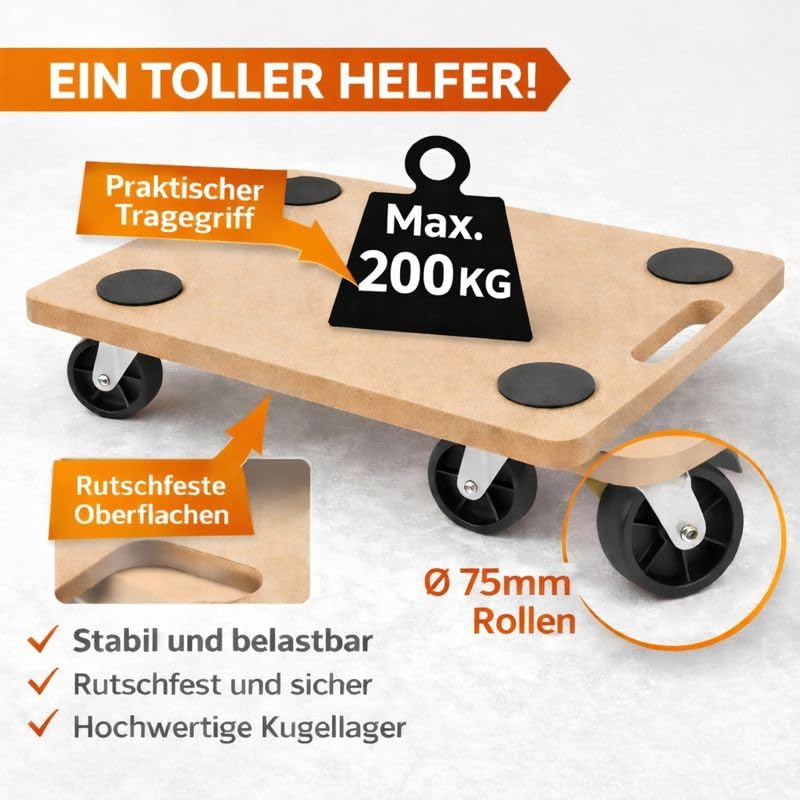 SCHEPERS (2Stück) Rollbrett Transportroller Möbelroller Roller für Möbel Transporter Tischtransportwagen max. 200kg