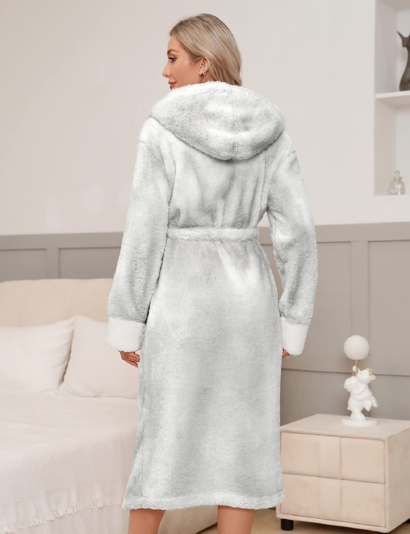 Nadeer Robe de Chambre Polaire pour Femme Homme Longue Peignoir Peignoir de Bain à Capuche en Polaire Douce Unisexe Cravate Taille Robe de Chambre Séchage Peignoir