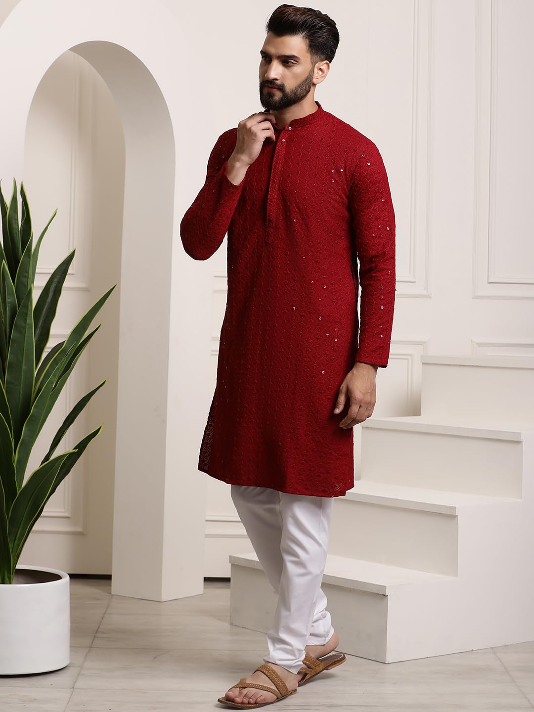 Sojanya (Since 1958 Men's Pure Cotton Dark Maroon Sequence Kurta & White Pyjama Set