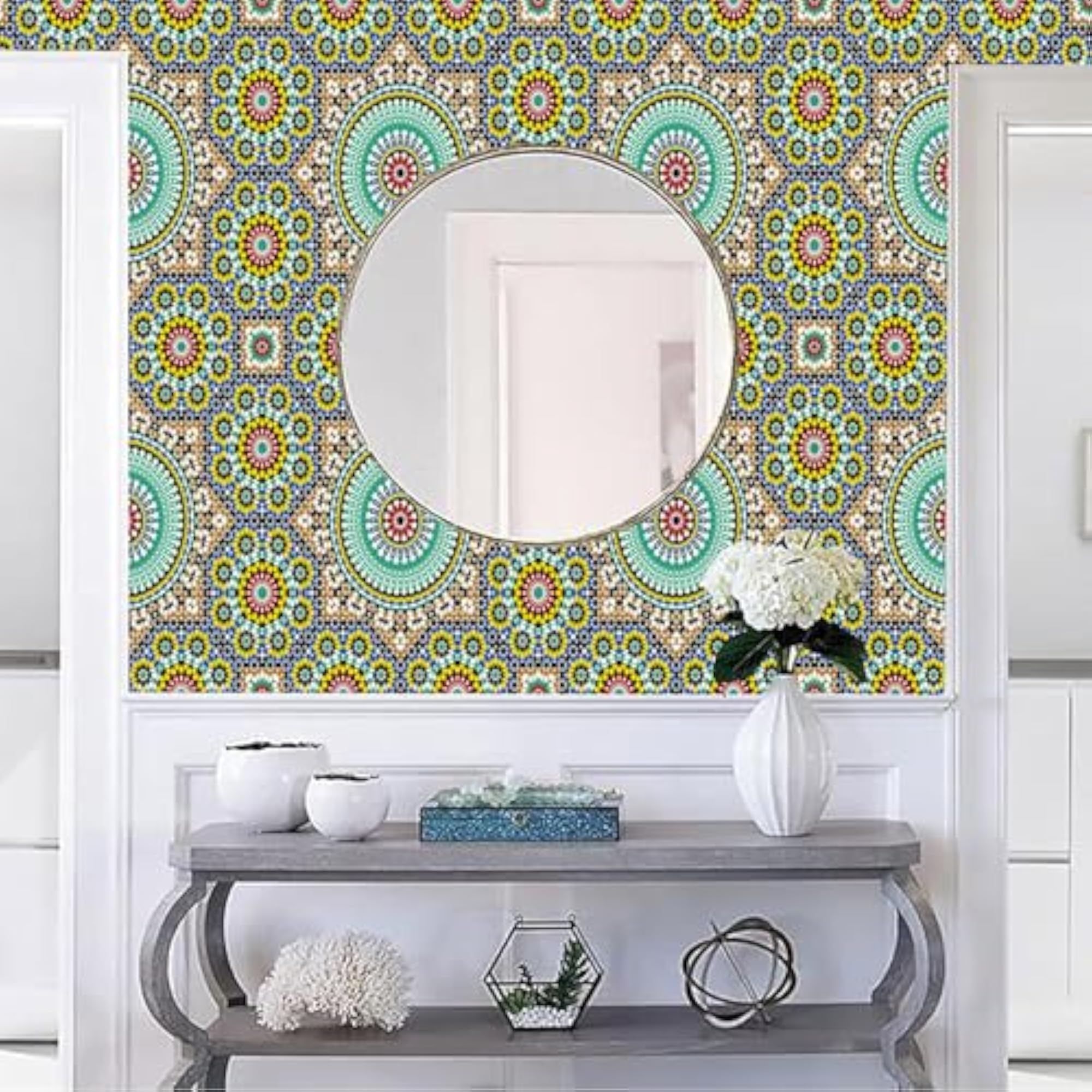 Moroccan Mosaic Mandala Pattern Wall Sticker, Multicolour, Geometric Boho Style
