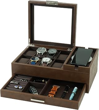 Mens Jewelry Box Organizer - 8 Watch Slots Valet Tray with Drawer for Watch, Phone, Wallet, Ring, Cufflink - Brown