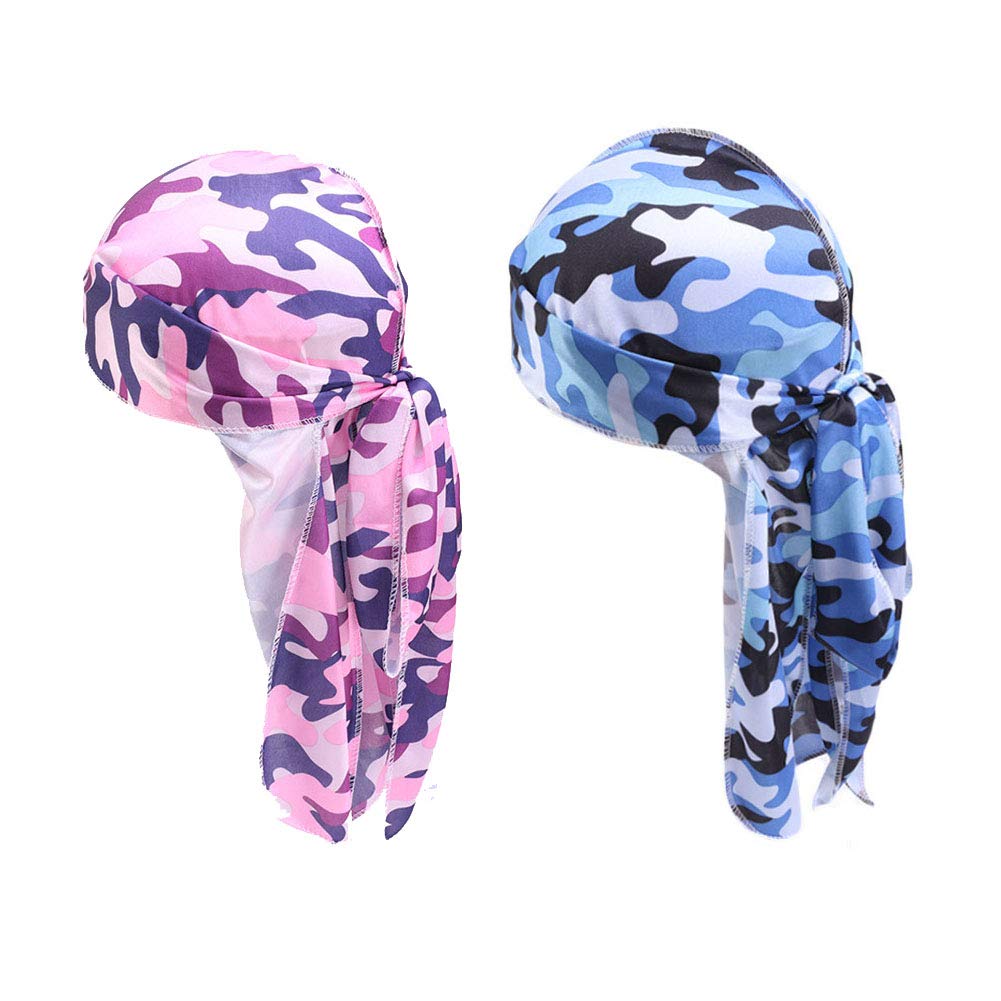 Camelliass Men's Pink + Blue 2Pcs Camouflage Silky Durags For Wo, Long Tail Durag 360 Waves Headwraps Cap Pirate Bandanas Turban (Pink + Blue)