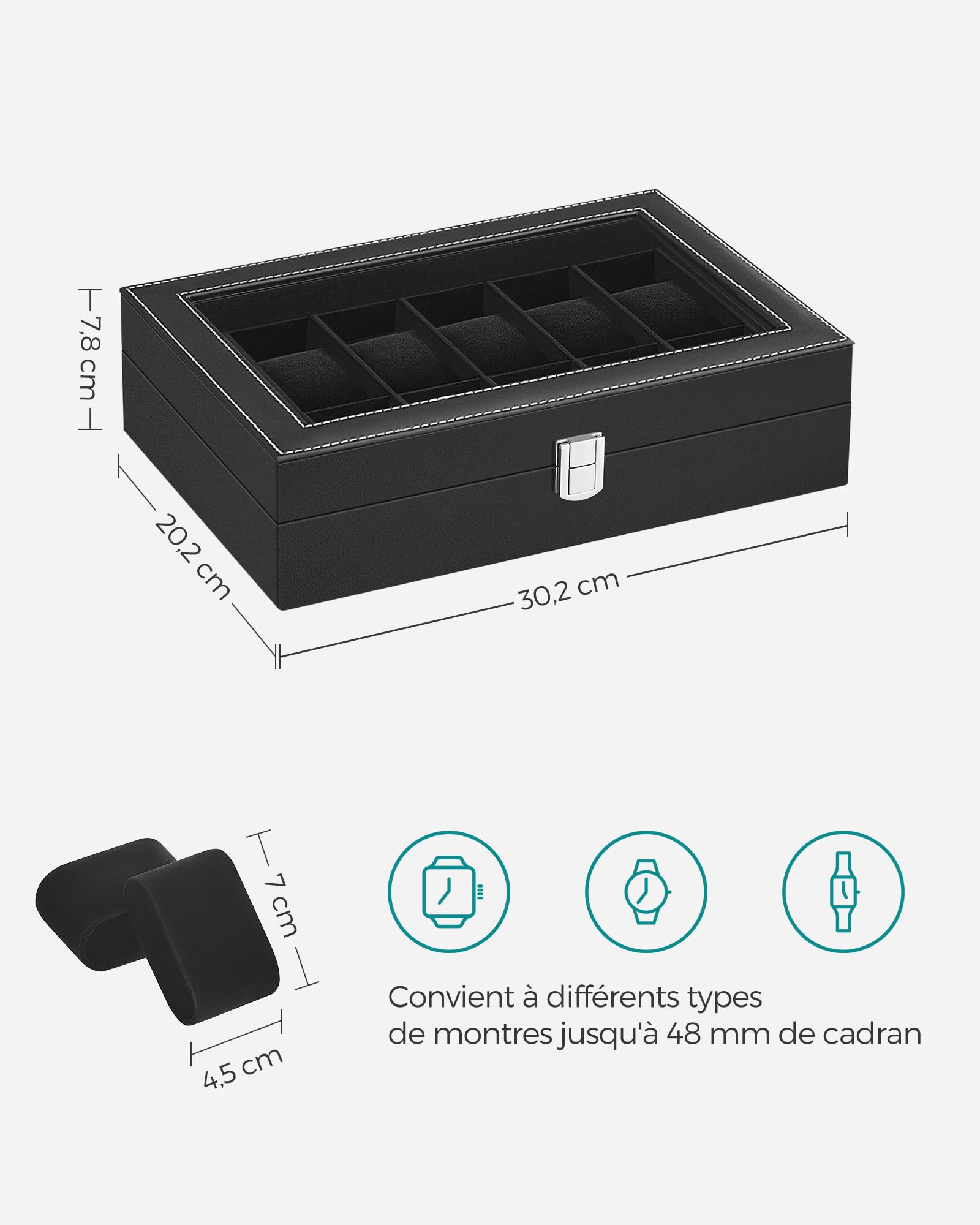 SONGMICS Boîte à Montres, 12 Emplacements, Coffret à Montres, Écrin, Couvercle en Verre, Coussinets Amovibles, Serrure en Métal, Revêtement en Noir et Doublure en Noir JWB12B