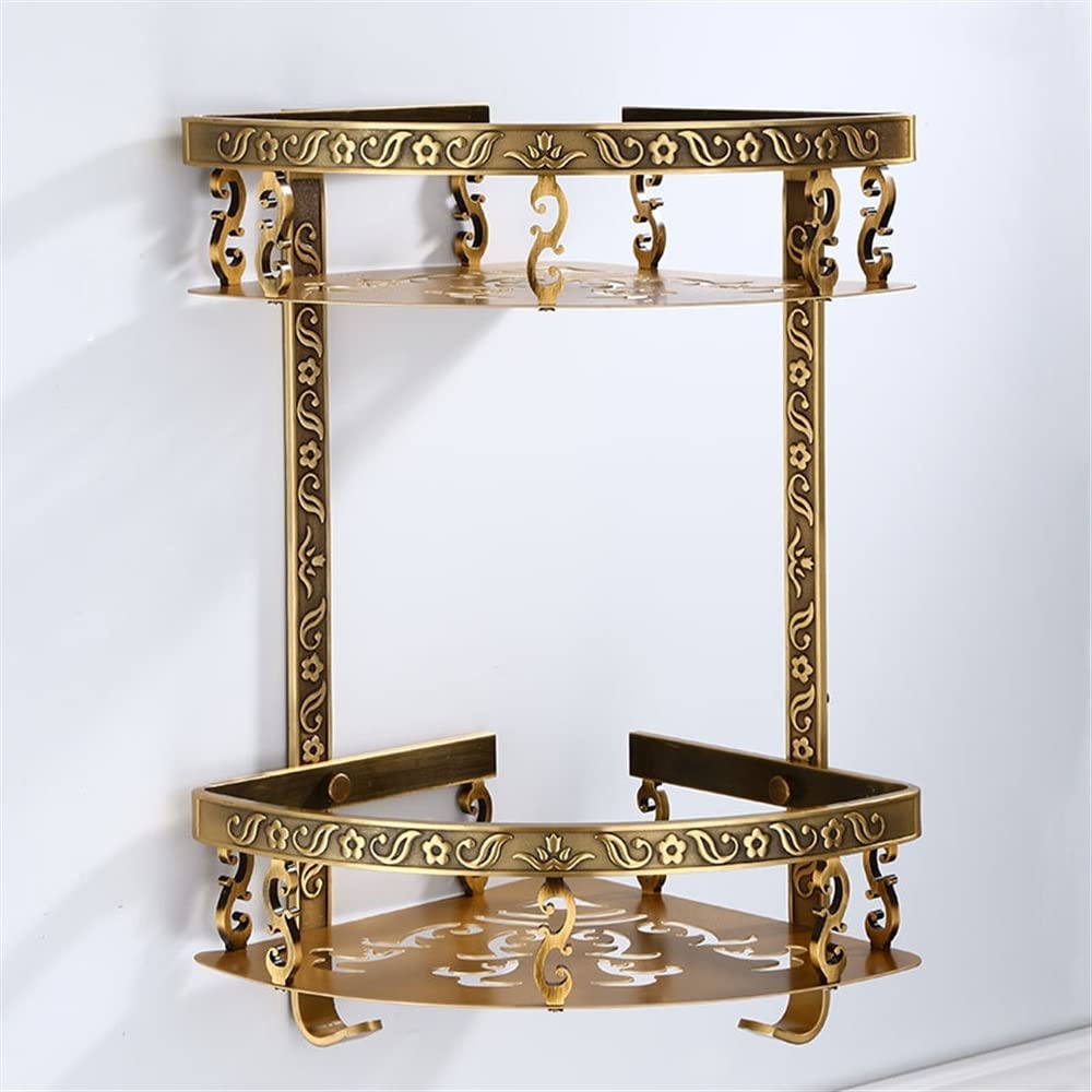 GTFDXJ Corner Shower Caddy 2 Layer Antique Nail Free Bathroom Rack Metal Shower Corner Rack Wall Mounted Bathroom
