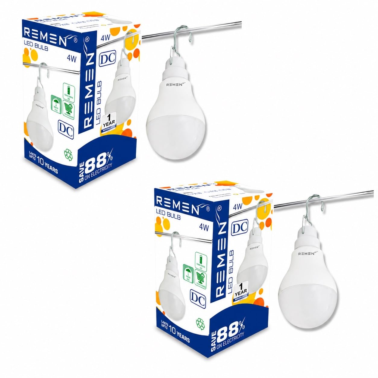 REMEN 4W DC Led Bulb | 12V DC Solar System LED Bulb with Hook, Battery Operated Electricity Saving Bulb for Home, Temple & Shop | Portable Hanging Camping Bulb, Bright Cool White Light (Pack of 2)-image-30
