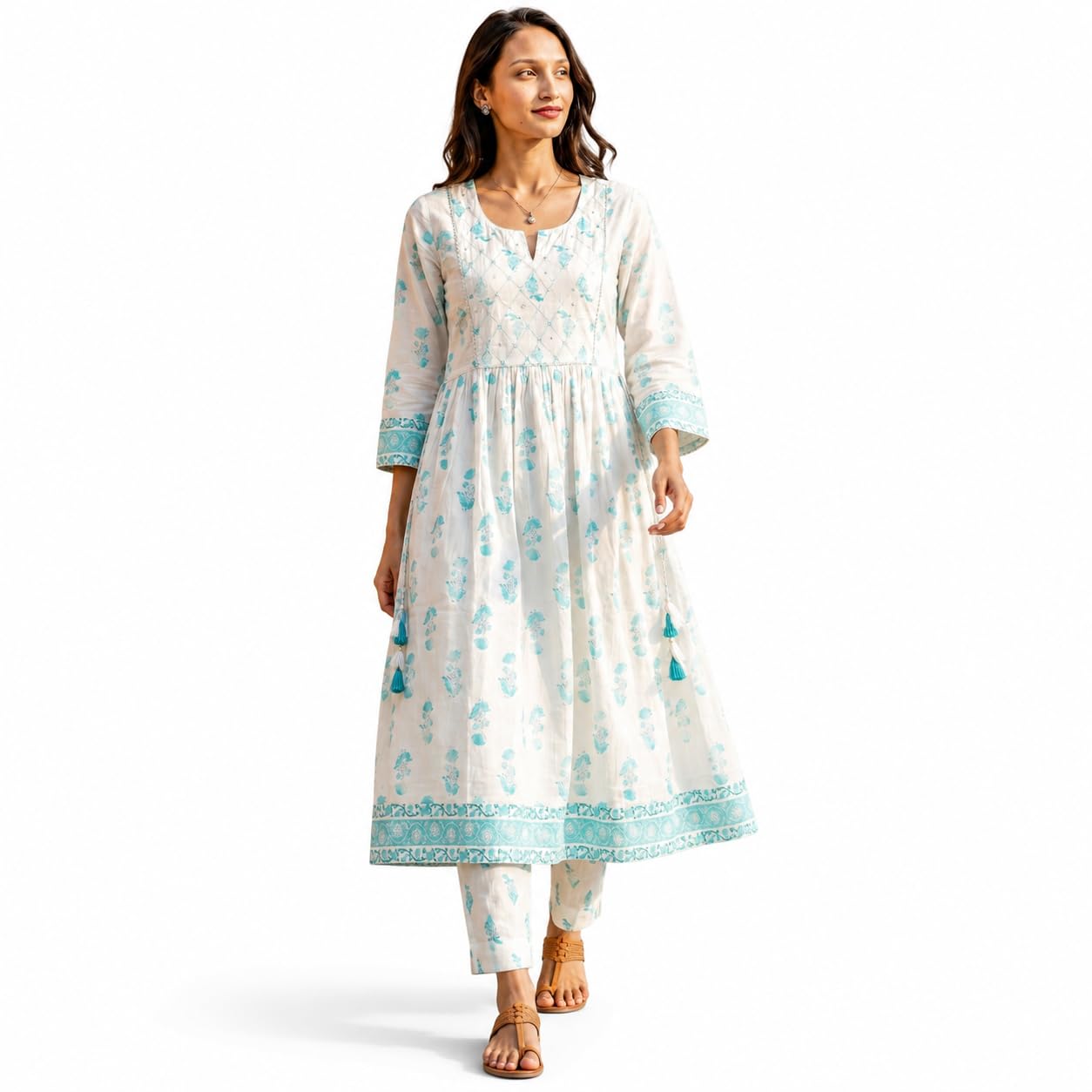 White & Blue Pure Cotton Kurta Set with Cotton Pant for Women | 2-Piece Ethnic Printed Kurta and Trousers Dress Set for Traditional Daily and Festive-picture-15