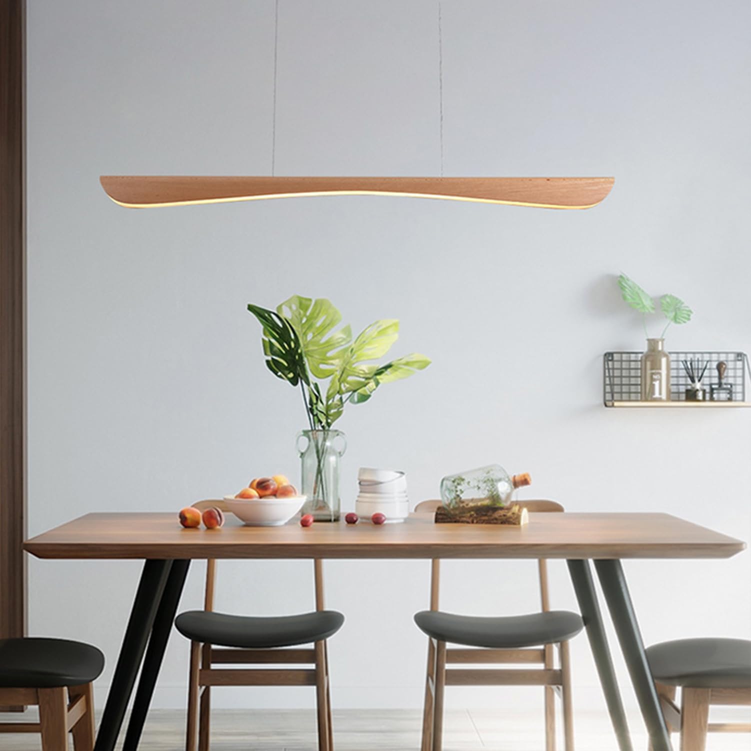 Bellastein LED Pendelleuchte esstisch holz Dimmbar, Moderne Hängelampe mit Fernbedienung,Linear Design Hängeleuchte Esstisch lampe, Höhenverstellbar Holzlampe für Esszimmer Büro Küchenlampe (120cm)