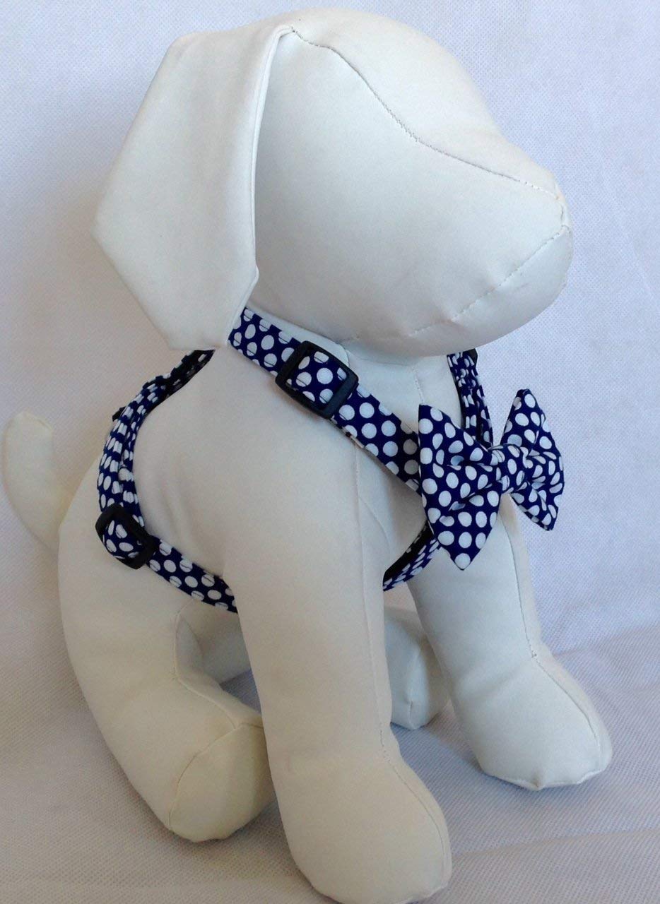 Dog Harness with Bow Tie, Navy Blue Polka Dot Pet Harness