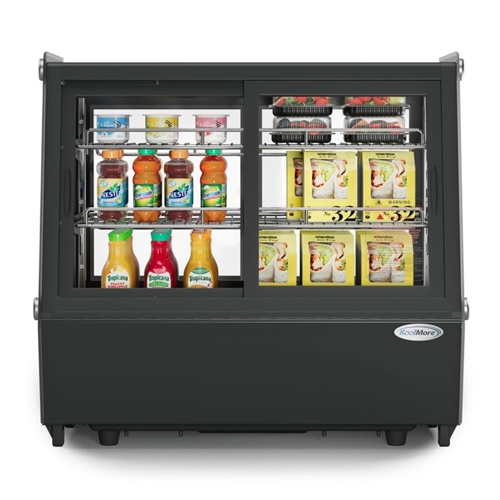 Pemberly Row 28" Countertop Display Refrigerator, Black Finish, 3.8 Cu. Ft, Self-Service Bakery Case with LED Lighting, Glass Front, Digital Temperature Control, Ideal for Baked Goods and Desserts on Fridge.com