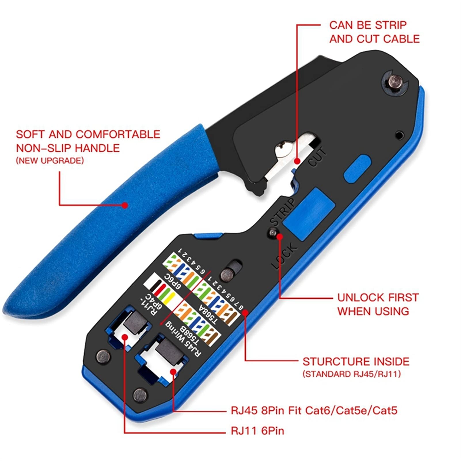 Crimpatrice RJ45 Tool Network Crimper Cable Stripping PLier Stripper per RJ45 Cat6 Cat5e Cat5 RJ11 Connettore RJ12(A2)