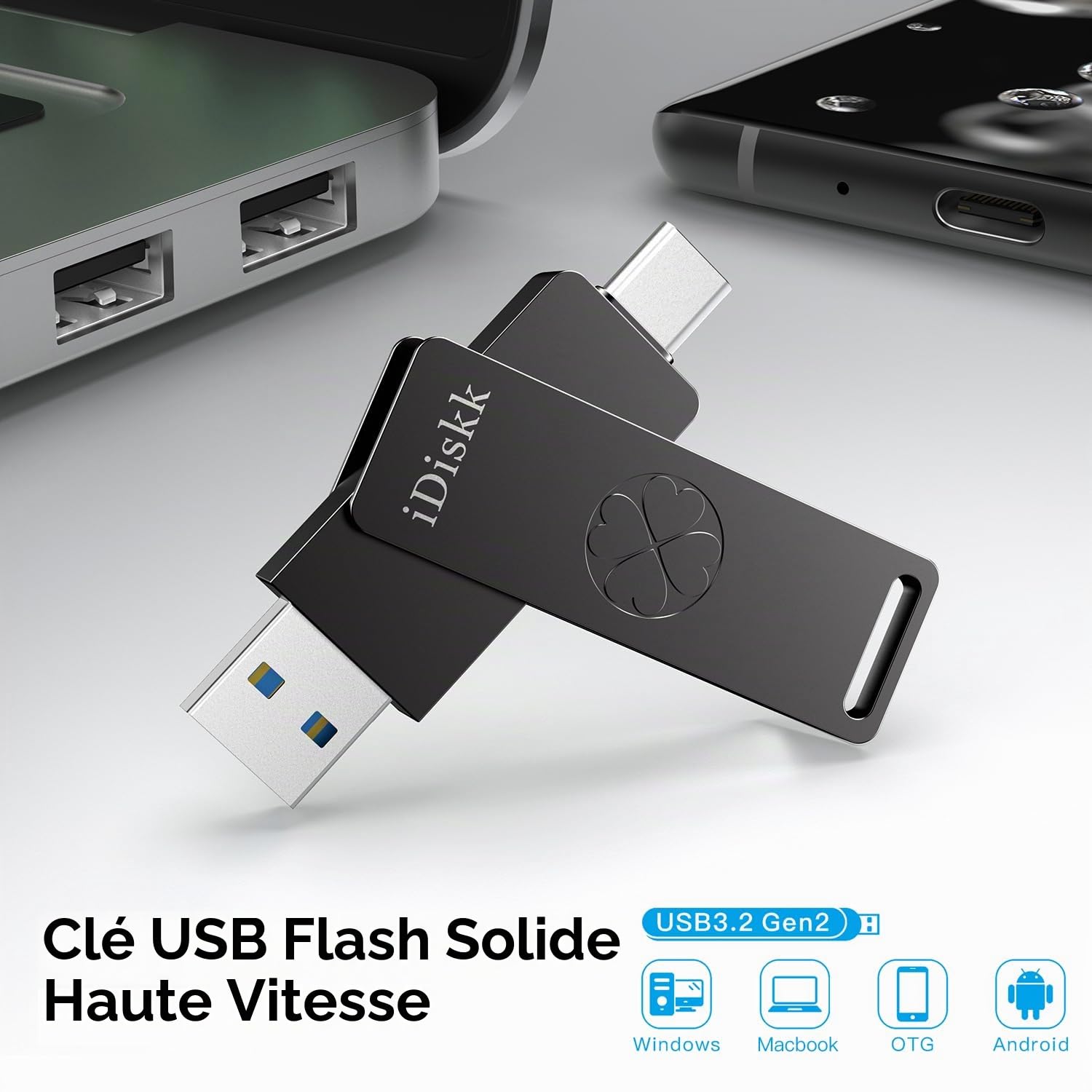 iDiskk Clé USB 3.2 USB-C SSD, 512 Go USB 3.2, 1 000 Mo/s, clé USB-C Gen2 pour iPhone série 15/ iPad/téléphones Android, Ordinateurs Portables/Mac et tablettes, Gris