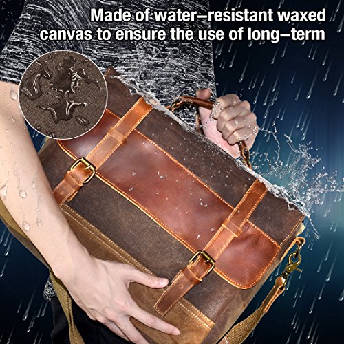 Newhey Mens Messenger Bag Waterproof Canvas Leather Computer Laptop Bag 15.6 Inch Briefcase Case Vintage Retro Waxed Canvas Genuine Leather Large Satchel Shoulder Bag College Brown #TOP1