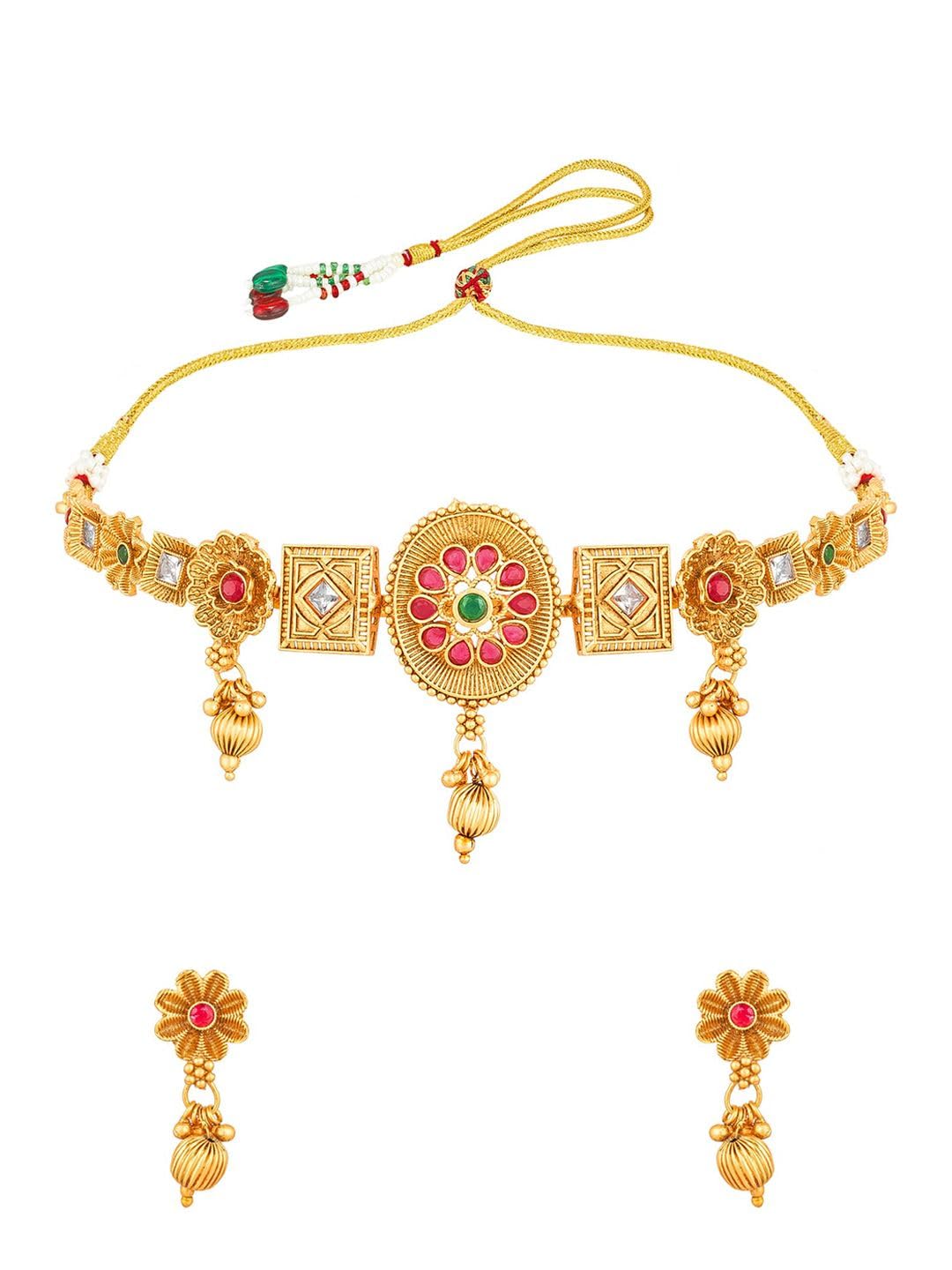 Juego de joyas de latón con piedra rosa collar pendientes oro mujer 6