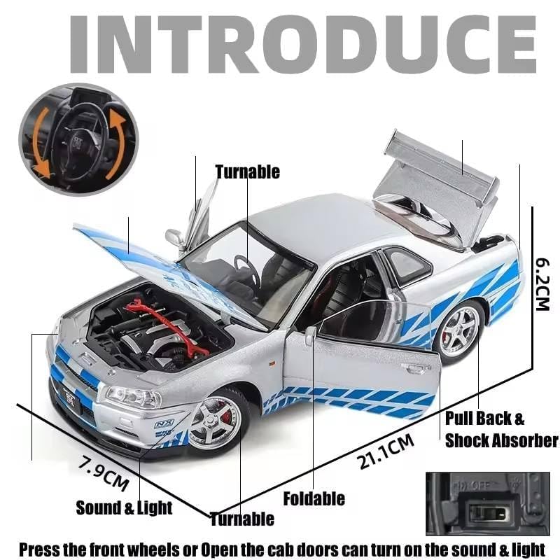 Image of 1:24 Nissan Skyline GT-R R34 Diecast Model Car, Pull Back Toy with Sound & Light, Collectible for Kids & Adults (Silver)