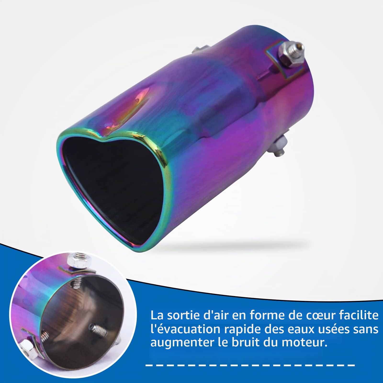 Embouts d'échappement de voiture en forme de cœur universels en acier inoxydable - Couleur arc-en-ciel - Embout d'échappement droit - Entrée de 2,48 pouces - Convient à la plupart des voitures