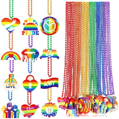 Ferreve 36 Pcs Rainbow Pride Beaded Necklaces Bulk Pride Month Necklaces for Party Favors Rainbow Procession Decorations Supplies