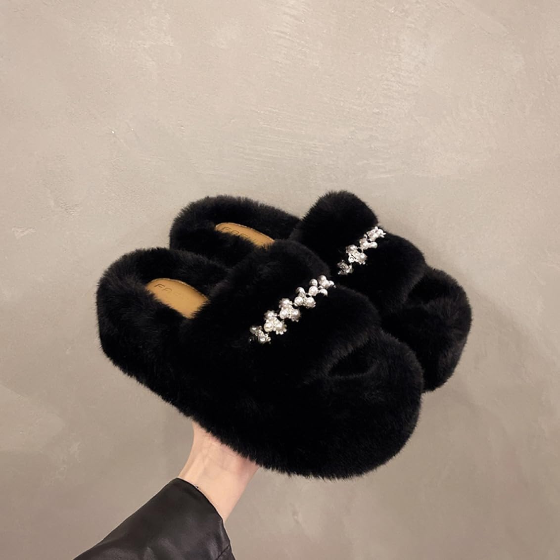 [IJGE] ファーサンダル ビジュー レディース スリッパ サンダル 歩きやすい ぺたんこ 可愛い 秋冬 ハイヒール プラットフォ