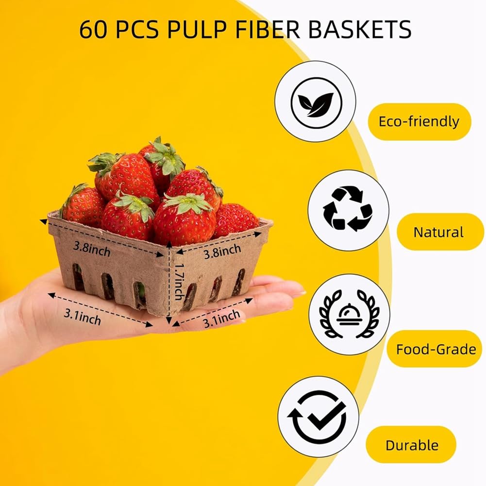 60er-Pack Beerenkörbe aus Zellstofffasern für Erdbeeren, Blaubeeren, Himbeeren, Trauben