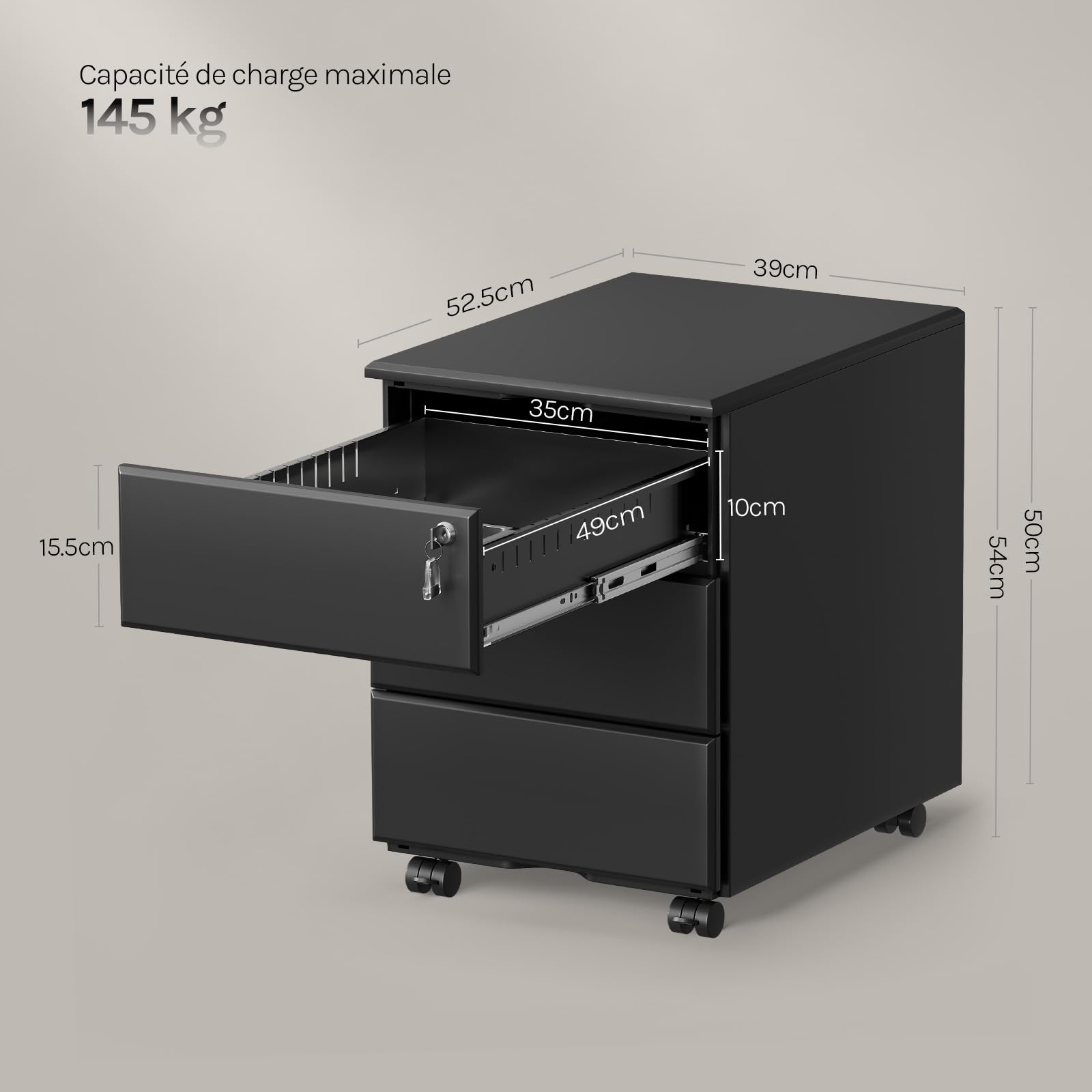 WOLTU Caisson de Bureau, avec Serrures et roulettes, Noir | Caisson de Rangement, pour Bureau Studio, en Métal avec 3 Tiroirs pour Dossiers