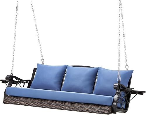 Miniatura 1 de Silla de columpio resistente de 900 libras para 3 personas al aire libre de ratán con soporte para tazas y cadenas de acero, banco colgante de