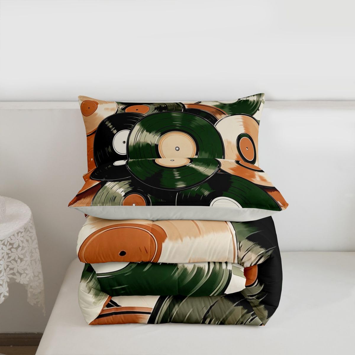 Homewish Set di biancheria da letto king size, motivo: dischi in vinile vintage, set copripiumino semplice e alla moda, per amanti della musica