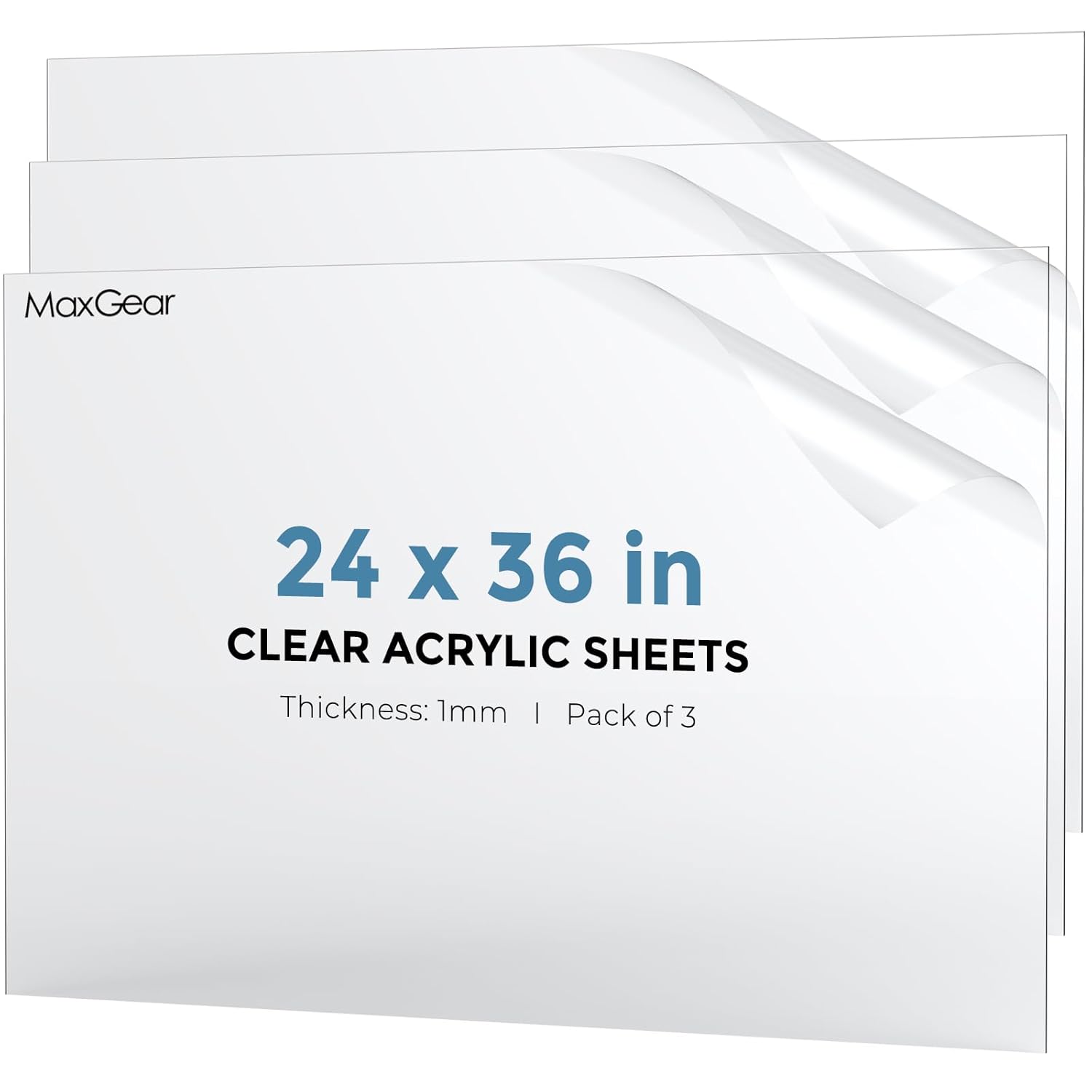 MaxGear Plexiglass Sheets 24x36 Inches 1mm Thick Clear Acrylic Sheets for DIY Projects, Crafting, Picture Frame Glass Replacement, Easy to Cut & Customize, Shatterproof, Transparent, 3 Pack 24"x36"-3 Pack 1 mm