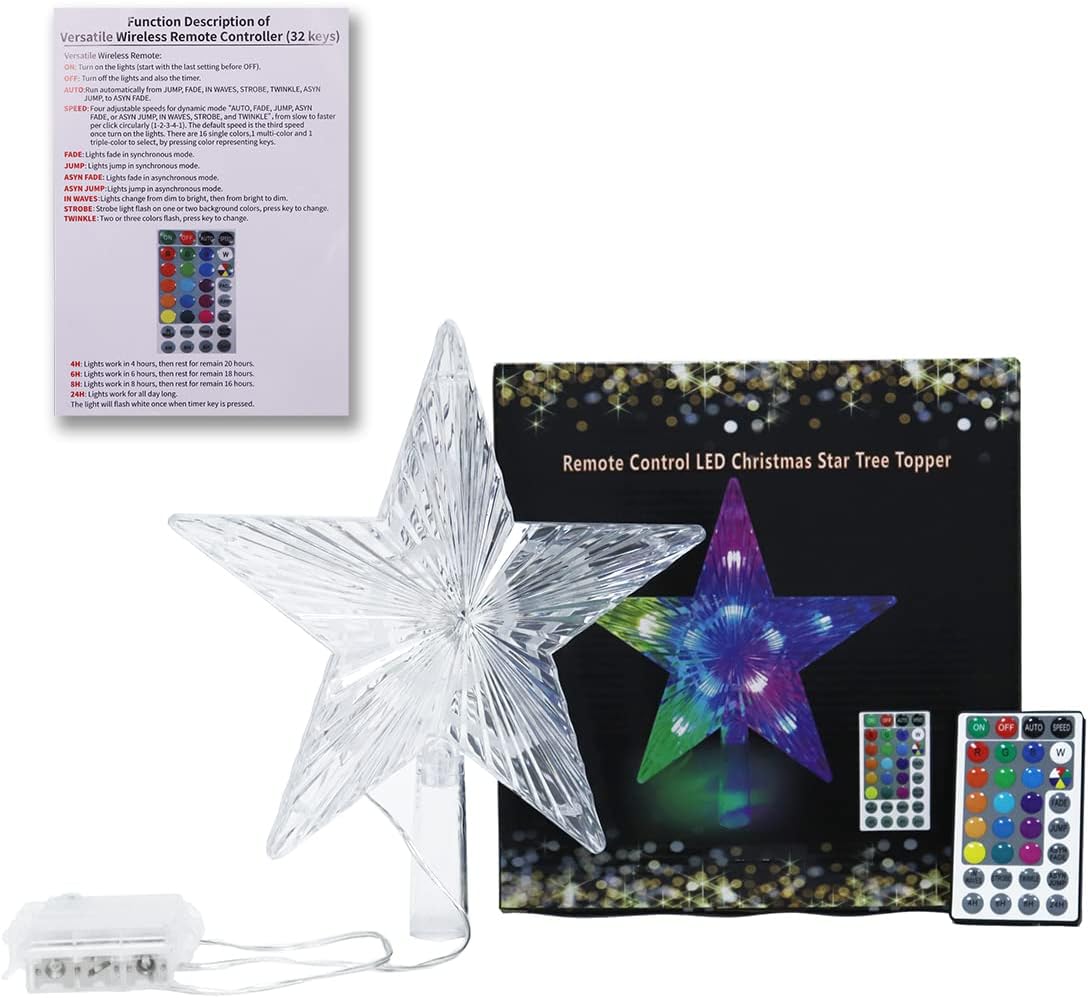 YAGE TALE Christmas Star Tree Topper Lights 9.5inch 17 colors 8 dynamic modes with Versatile Remote Controller 3AA Battery Powered Great Accessory for Christmas Tree Decorating（Indoor and Outdoor ）