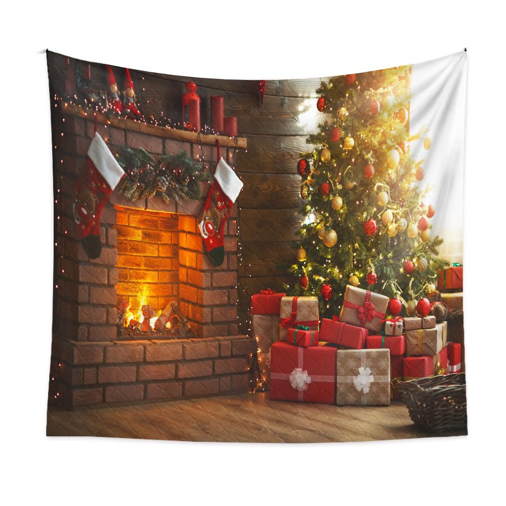 Chickwin Christmas Tapestry False Fireplace Christmas Backdrop Scene Xmas Wall Decor Tapestry Wall Hanging for House Home Door Garage Xmas Decoration Indoor Outdoor (150X200cm