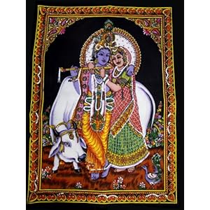 Krishna Radha Painting Art Handmade Miniature Hindu Indian Religious Ethnic Tapestry 40″ X 30″