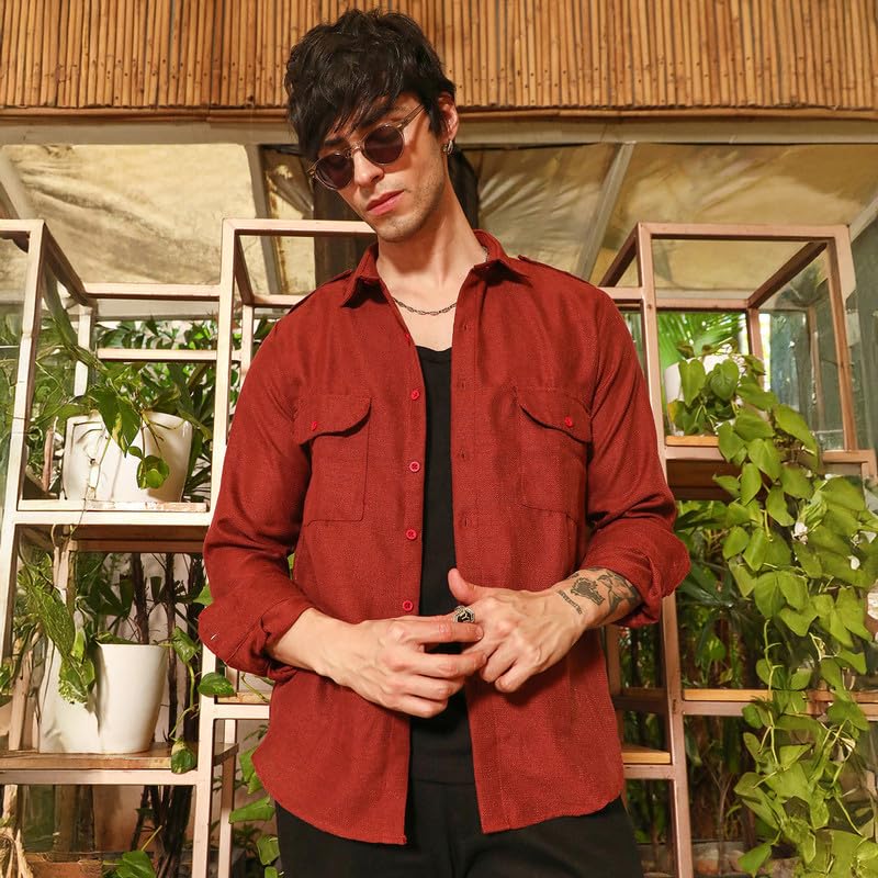 Image of CAHOOT Men's Olive Shirt Casual Wear | Shawl Collar | Long Sleeve | Button Closure | Shirt Crafted with Comfort Fit for Everyday Wear
