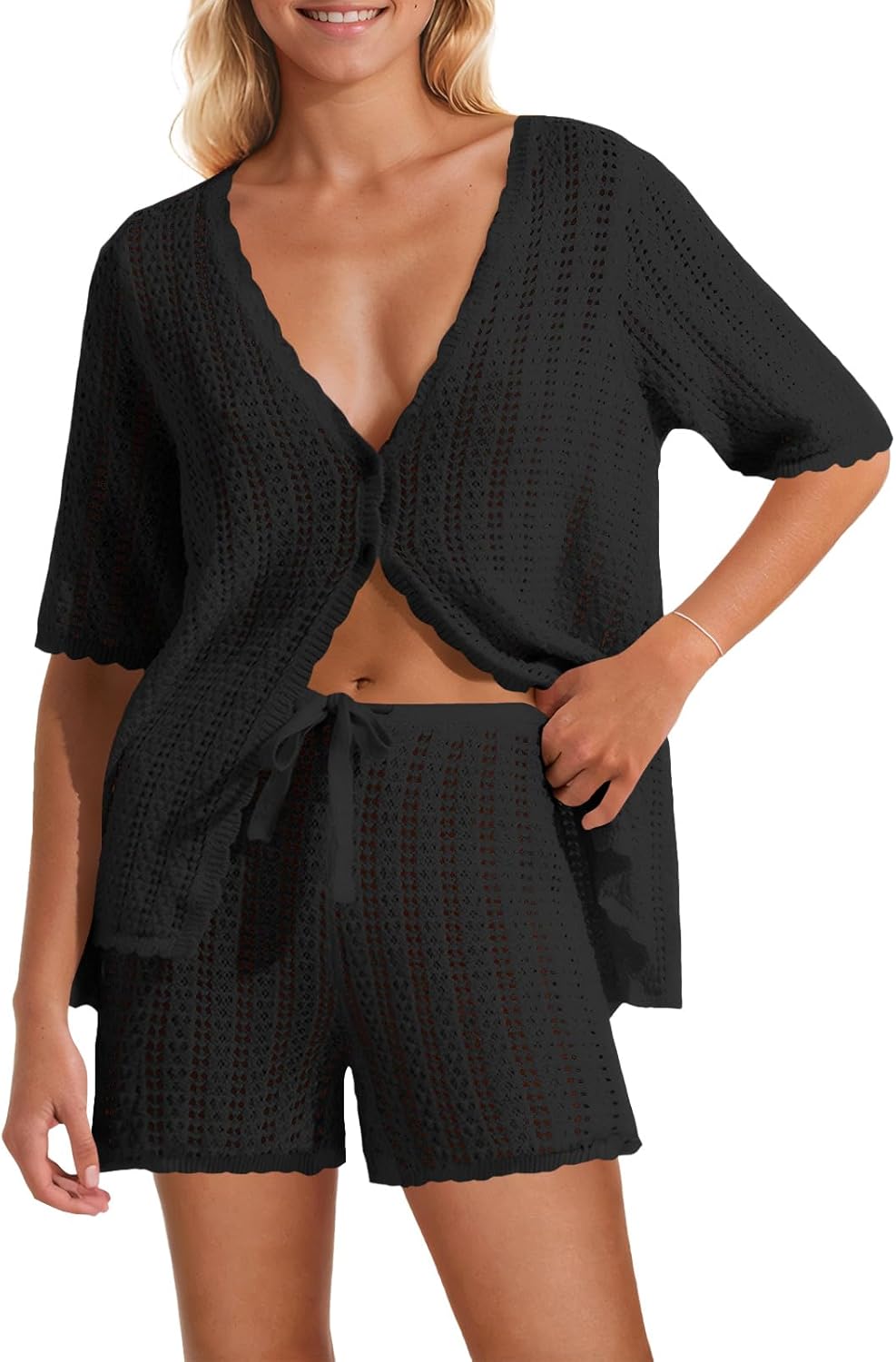 Saodimallsu Women Crochet 2 Piece Swimsuit Cover Up Short Sleeve Knit Tops Shorts Sets Summer Beach Vacation Outfit