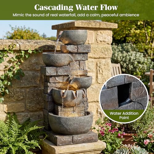 Giantex 33\'\' Water Fountain Outdoor, 5-Tier Cascading Stacked Stone Bowl Waterfall Fountain with LED Lights & Pump, Outside Water Feature for Patio, Balcony, Deck, Garden, Yard Decor