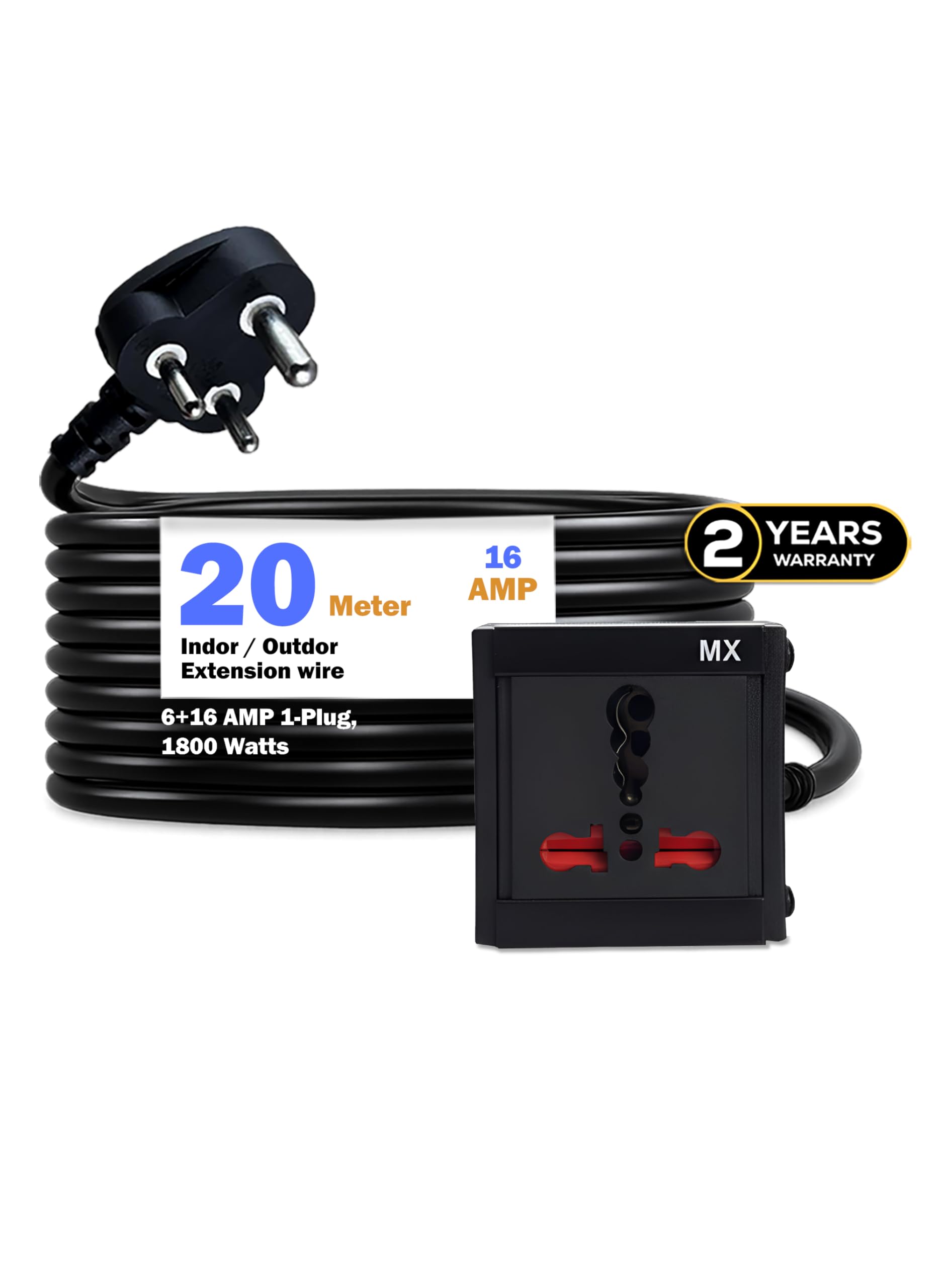 MX Single-Socket Extension Board – 20 m Heavy-Duty 0.75 sq mm ISI Cord, 1800 W Power, Safety Shutter, Converter Plug 6 A to 16 A, 16 A to 6 A Adapter Included-image-13