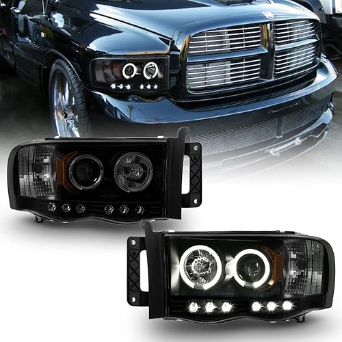 ACANII - For 2002-2005 Dodge Ram 1500 2500 3500 LED Halo Ring Black Smoked Projector Headlights Headlamps Assembly