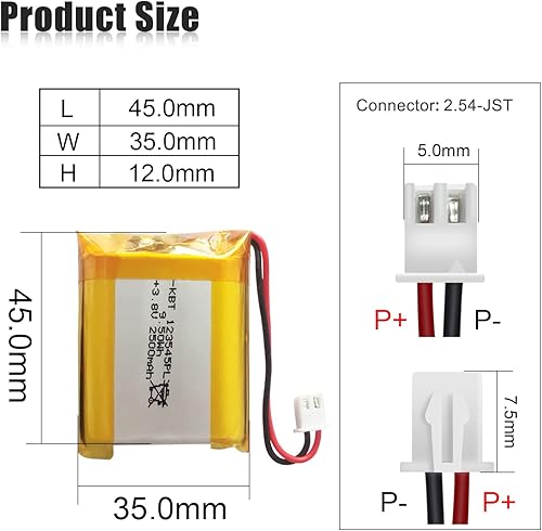 Miniatura 2 de Batería de polímero de litio KBT 3.8V 2500mAh 123545 Baterías de repuesto de iones de litio recargables Lipo con conector JST para Ar duino NodeMCU