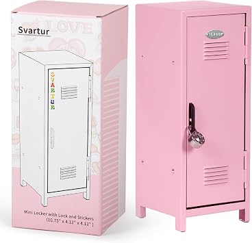 Svartur Mini Locker with Lock & Keys, Stickers, Metal Small Locker for Desktop, Girls Lockbox Desktop Storage Organizer, Money Safe and Cash Lock Box for Girls Safe, Pink
