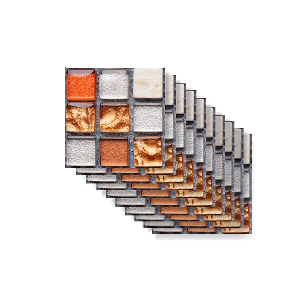 Kitchen Bathroom Marble Wall Tile Stickers, Hiser DIY Rectangle 3D Mosaic Style Decals Sticker for Kitchen Living Room Bathroom Home Decor Self-Adhesive, 10x10cm (Orange crystal,10pcs)