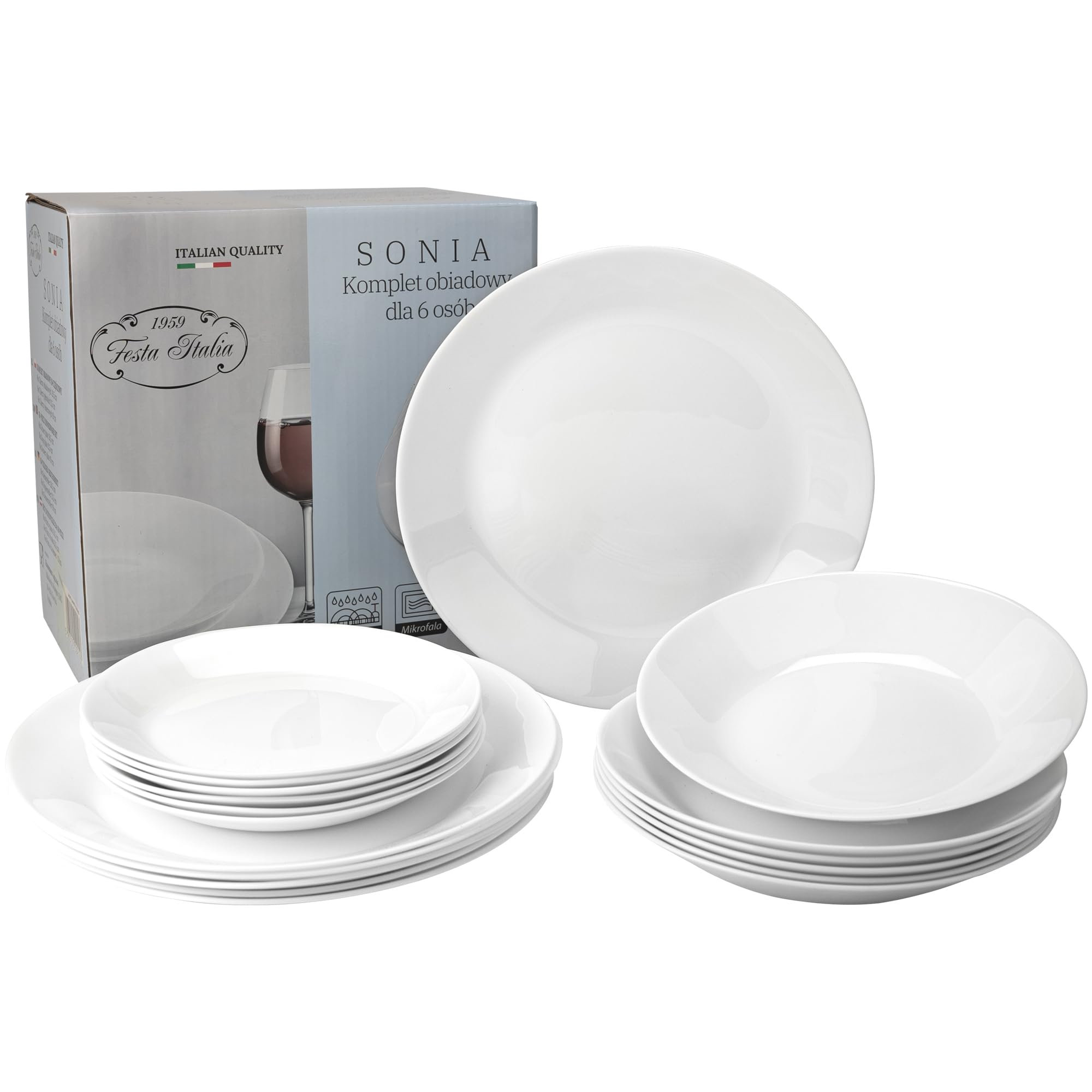 Geschirrset 6 Personen - 18 Teilig - Tellerset aus Opalglas - Weiß Essgeschirr Set - Schüssel- und Tellerset - Modern Tafelservice - Teller - Essservice - Geschirr Set 6 Person