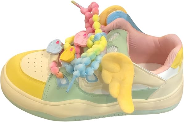 Womens Candy-Colored Sneakers Pearl Shaped Shoelace Wing Charms Kawaii Platform Shoes for Girls Teens Daily Outfits