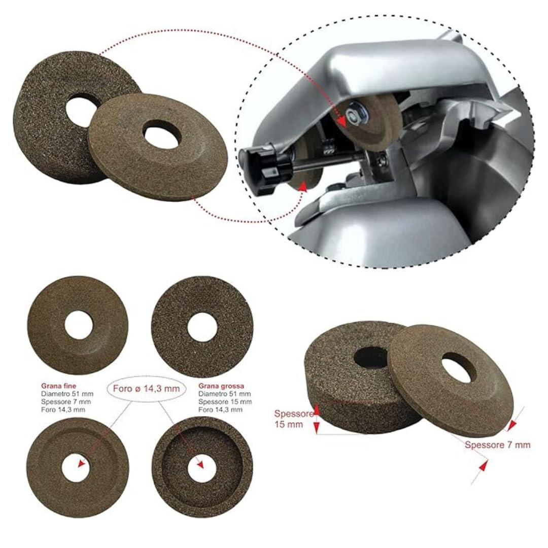 Coppia smerigli per affettatrice Ø51 mm – tazza grana grossa h15 mm + gradino grana fine h7 mm – foro 14,3 mm